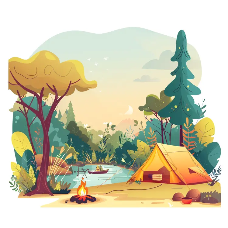 Camping Tent by the River at Sunset