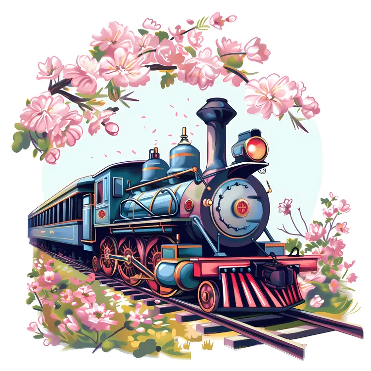 Steam Train with Cherry Blossoms