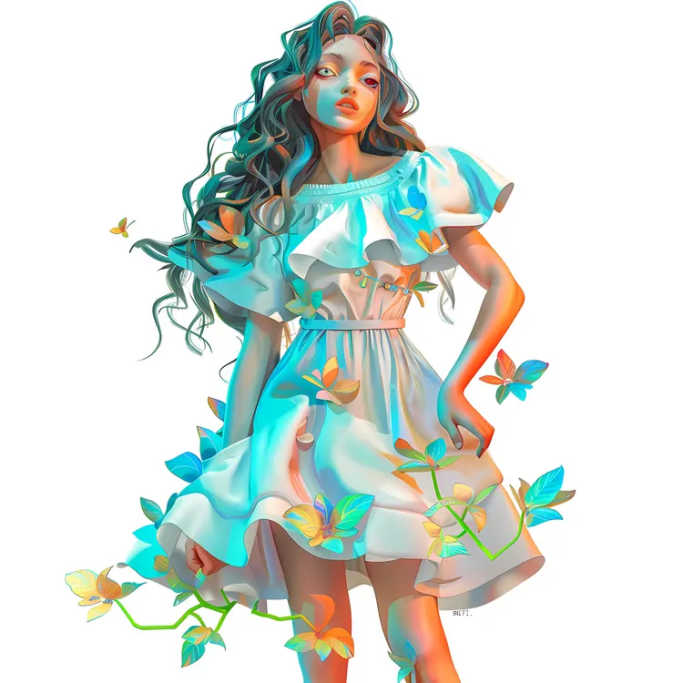 Girl in White Dress with Flowers