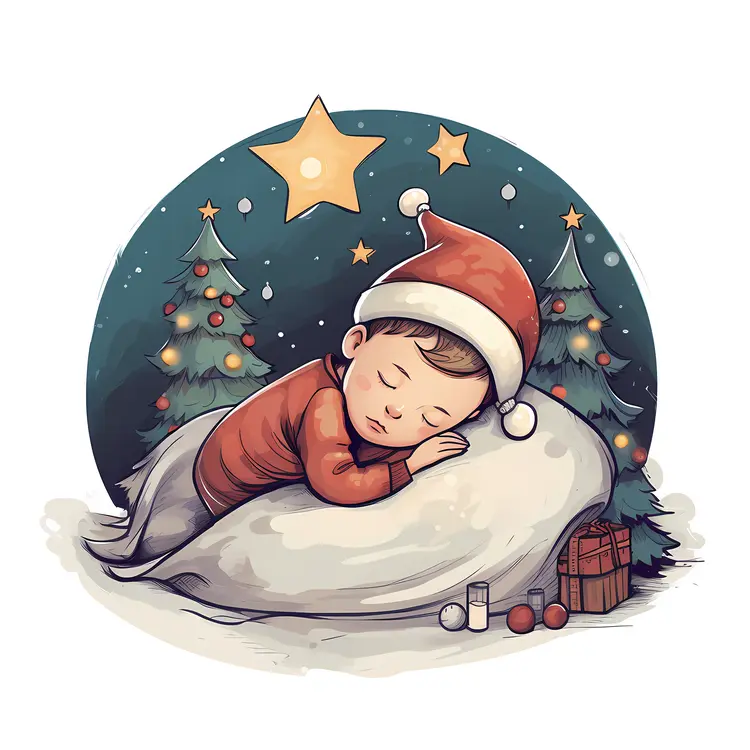 Child Sleeping by Christmas Tree