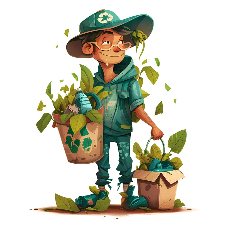Boy with Plants and Recycling Bin