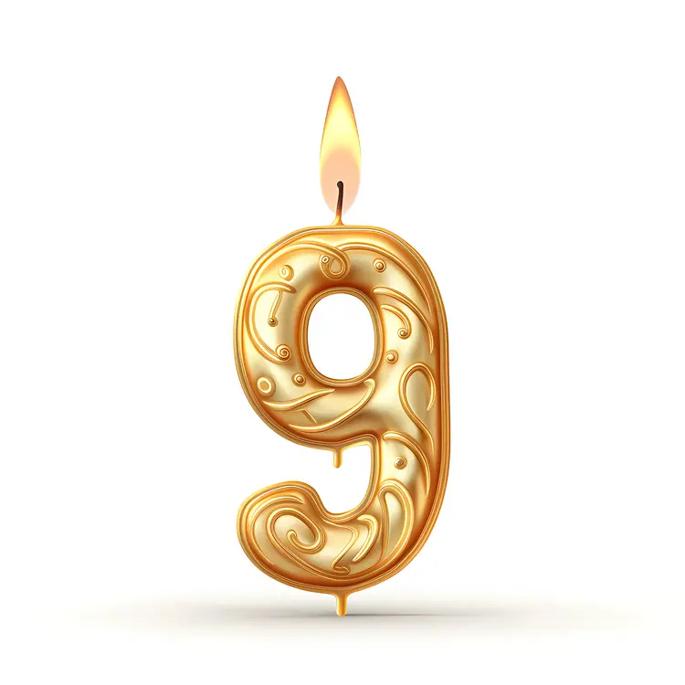 Golden Number 9 Candle for Birthday Celebration