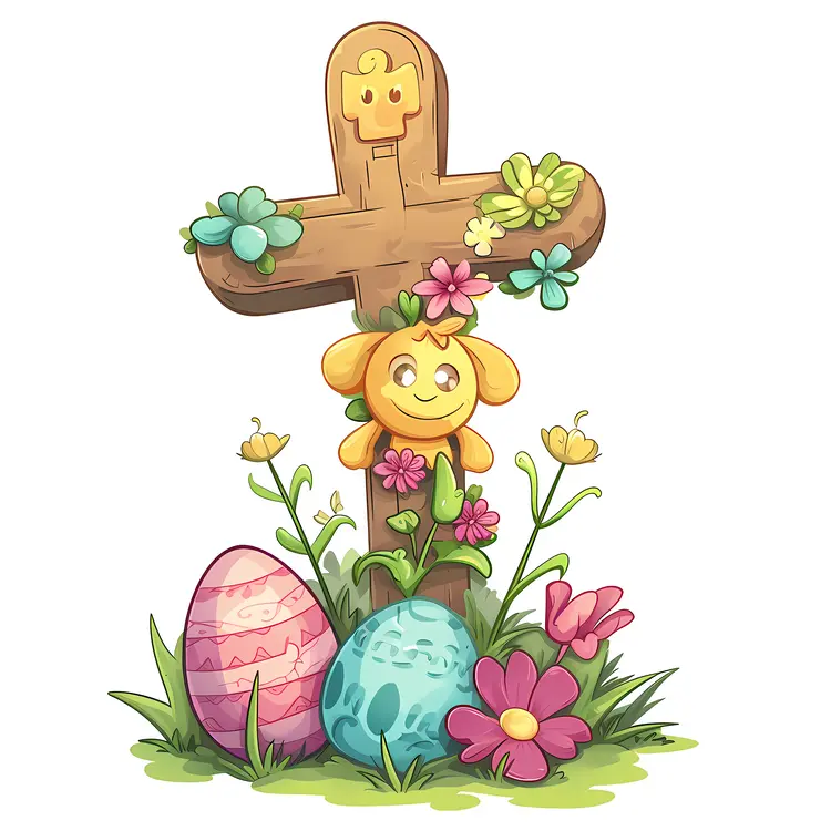 Cute Cross with Easter Eggs and Flowers