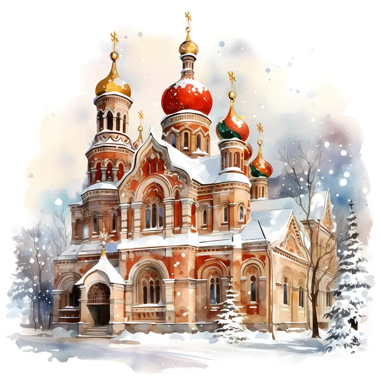 Snowy Church with Red Domes