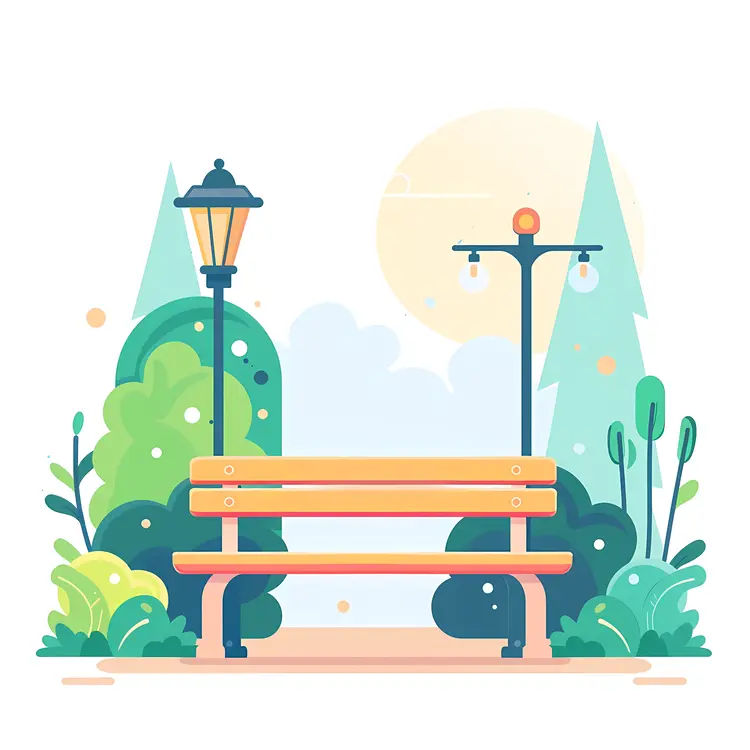 Cute Bench and Lamp in Park