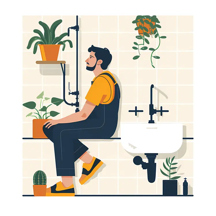 Plumber Sitting by Sink with Plants