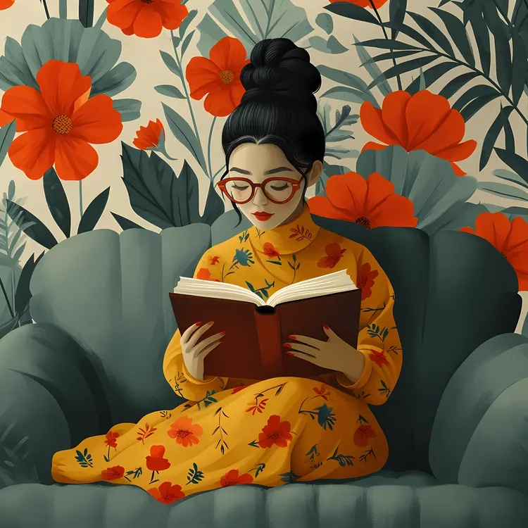 Girl in Floral Dress Reading a Book