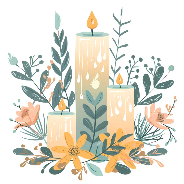 Three Decorative Candles with Flowers and Leaves