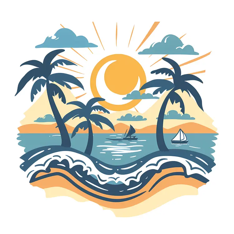 Tropical Beach Scene with Palm Trees and Sun
