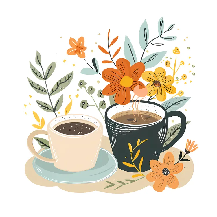 Beautiful coffee cups with flowers