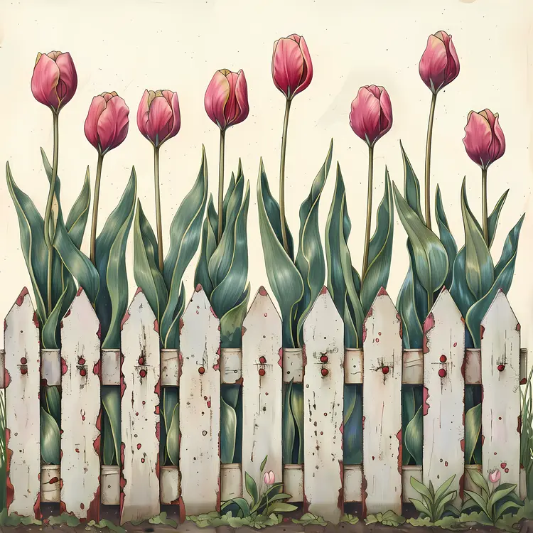 Pink Tulips on White Fence