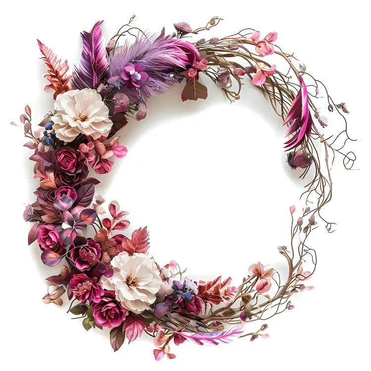 Purple and Pink Floral Wreath with Feathers
