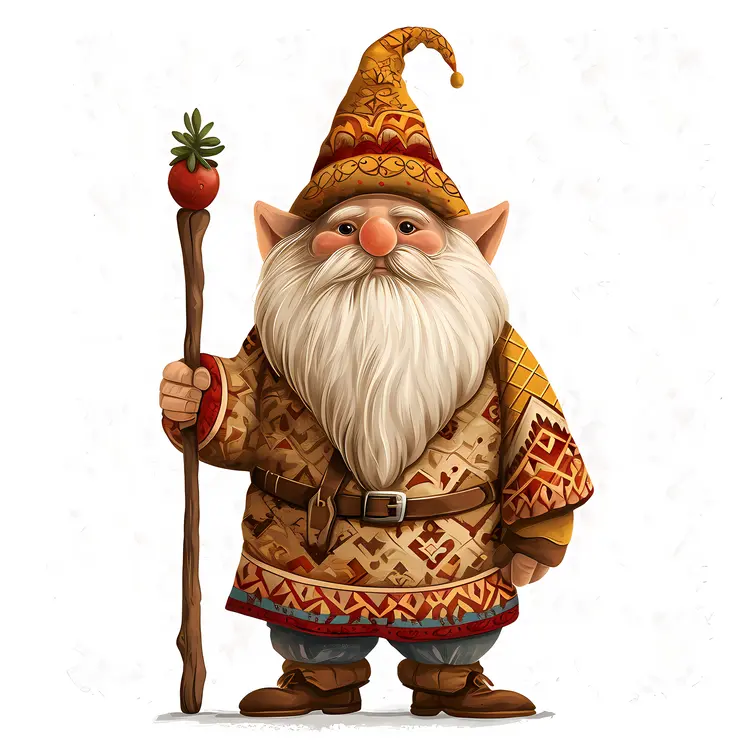 Gnome with Staff and Patterned Clothes
