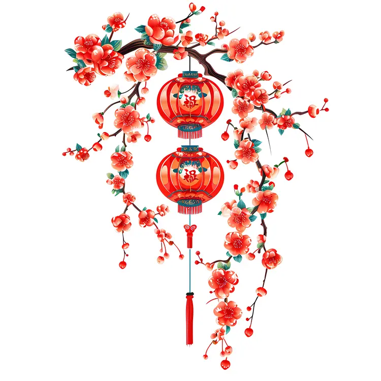 Red Lanterns Hanging on Cherry Blossom Branch