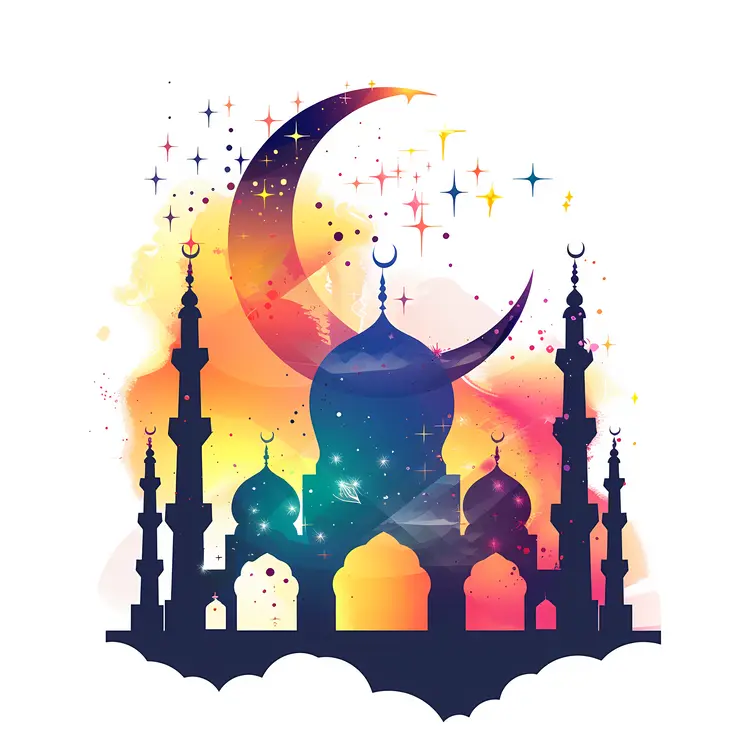 Colorful Mosque with Minarets and Crescent Moon