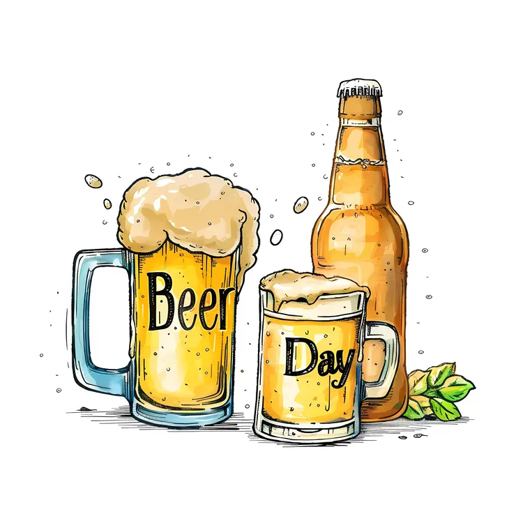 Beer Day Celebration with Mugs and Bottle