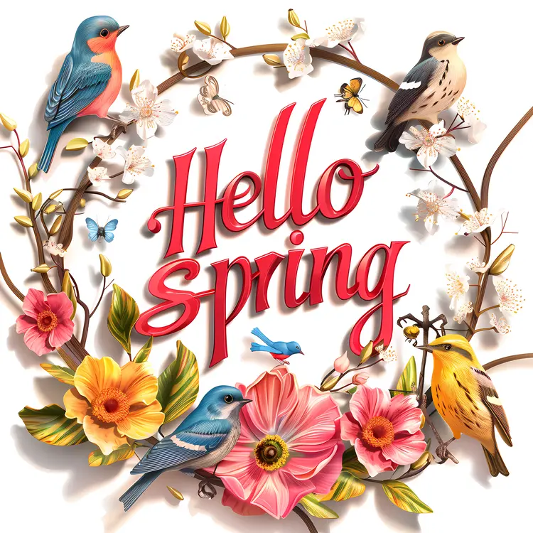 Hello Spring with Flowers and Birds