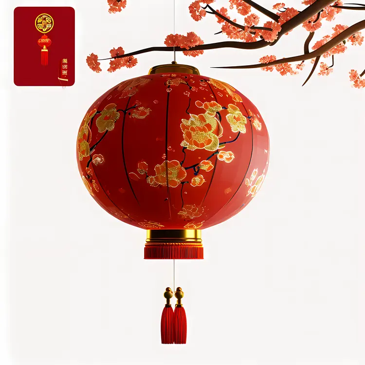 Single Red Lantern with Blossoms for Chinese New Year