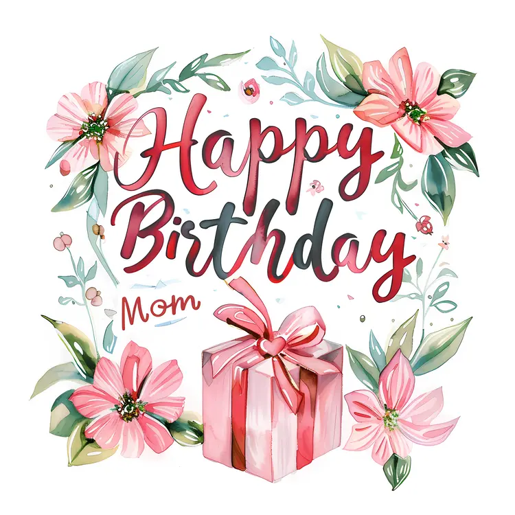 Happy Birthday Mom Card with Flowers and Gift