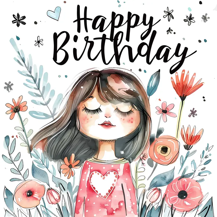 Happy Birthday Greeting Card with Girl and Flowers
