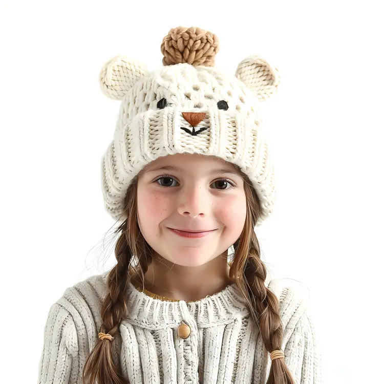 Smiling Child with Knitted Bear Hat