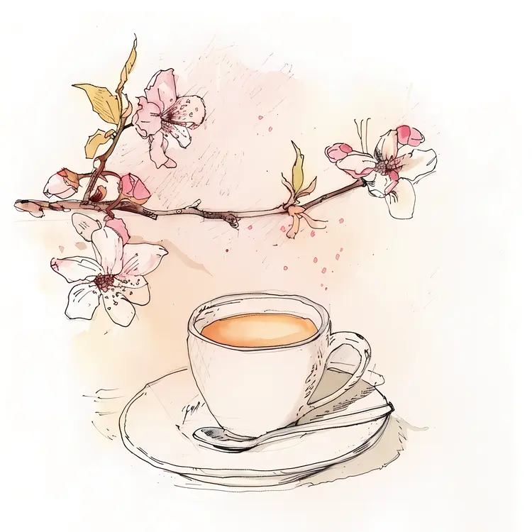 Coffee Cup and Blossoms in Sketch