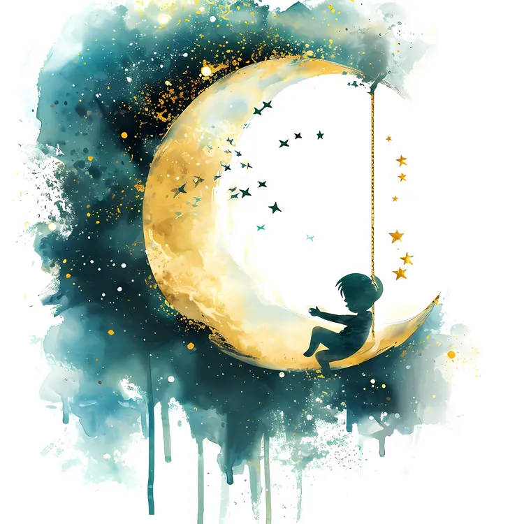 Child Sitting on Crescent Moon with Stars