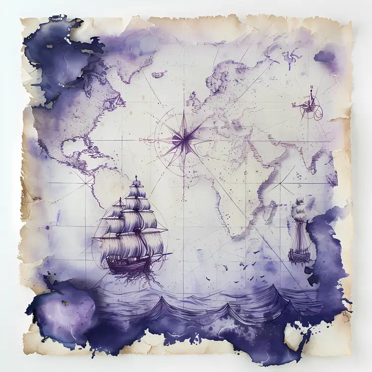 Antique World Map with Ships