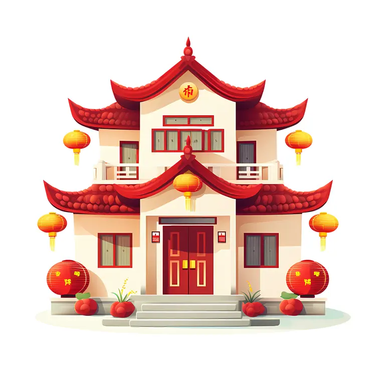 Traditional House with Red Roof and Lanterns