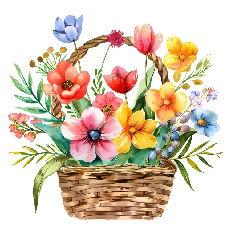 Watercolor Flower Basket with Spring Flowers