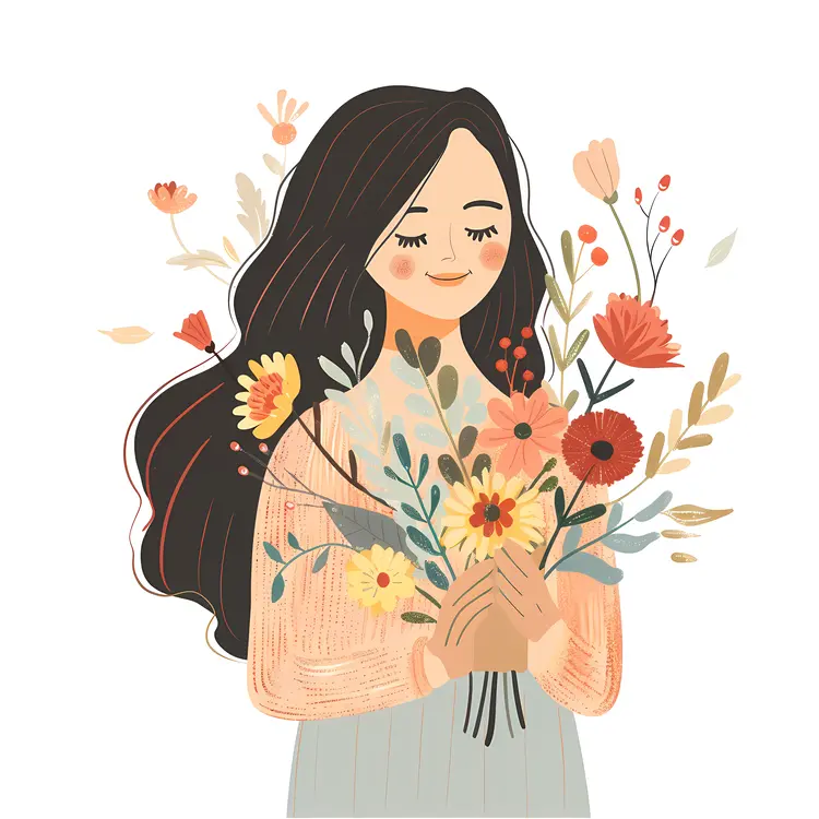 Smiling Girl Holding a Bouquet of Flowers
