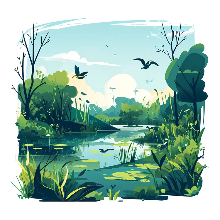 Tranquil Lake with Birds and Trees