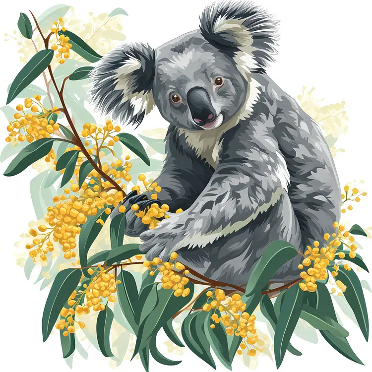 Koala Holding Eucalyptus Branch with Yellow Flowers