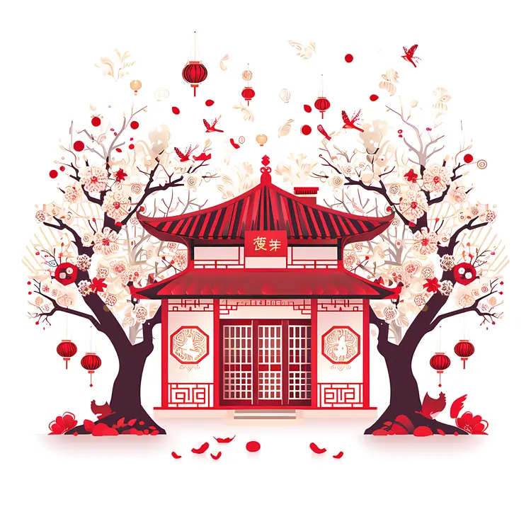 Red Chinese House with Trees and Lanterns