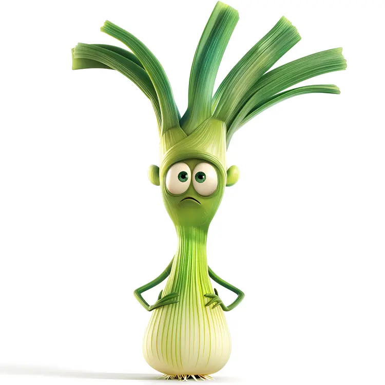 Sad Green Onion Character with Hands on Hips