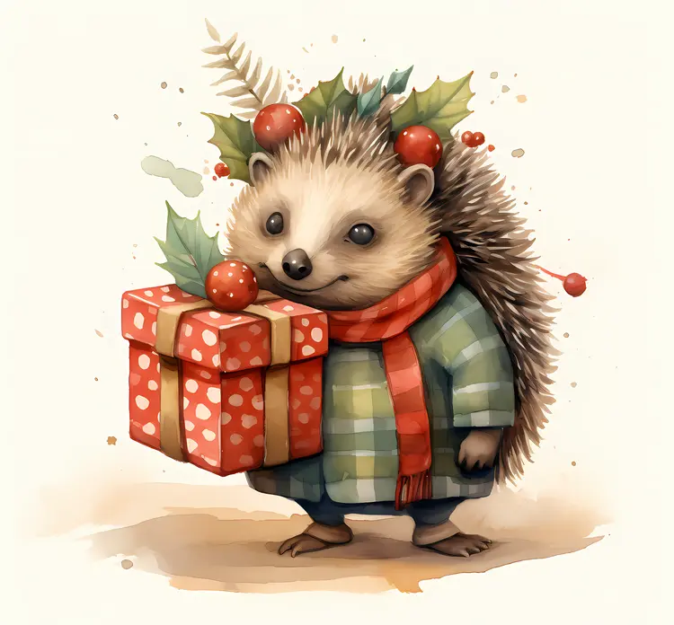 Hedgehog with Christmas Gift