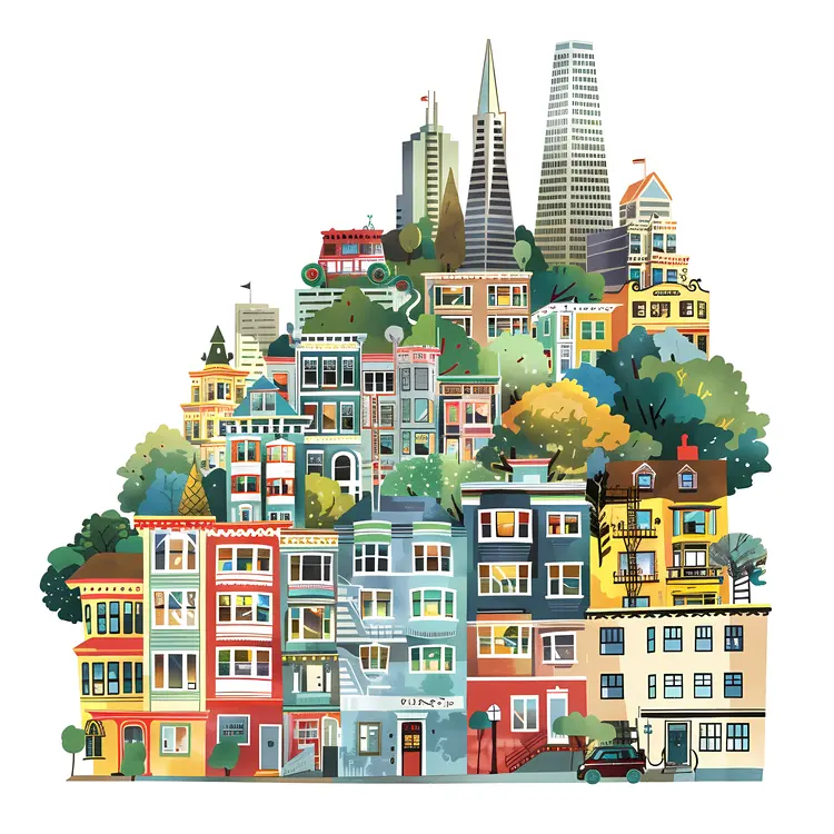 Colorful Cityscape Illustration with Various Buildings