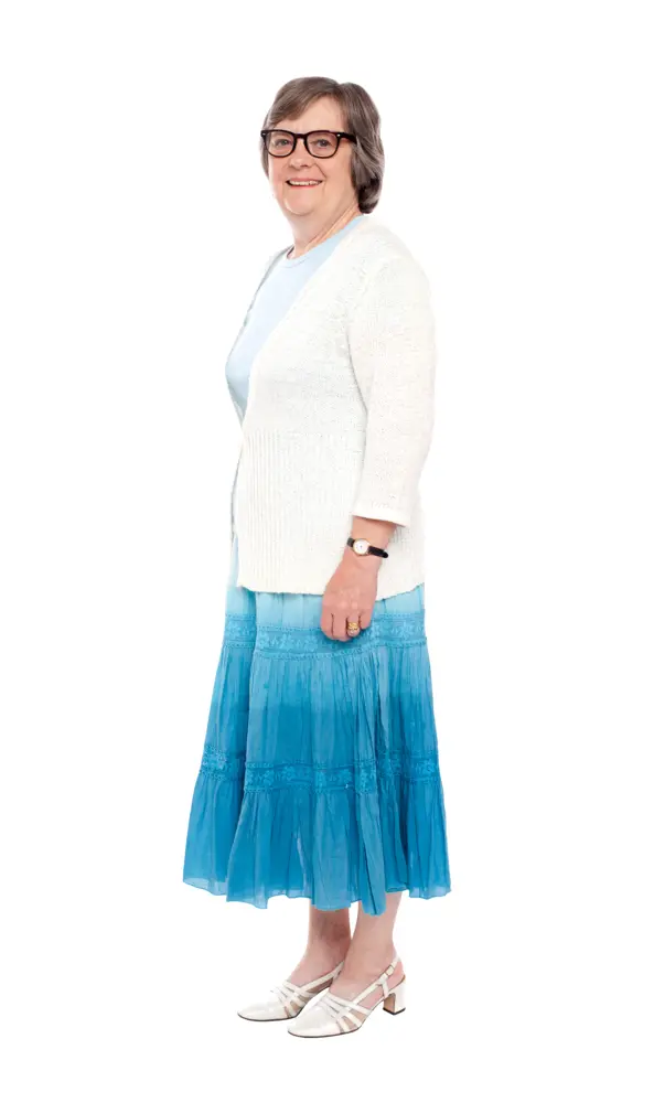 Smiling Woman in White and Blue Outfit