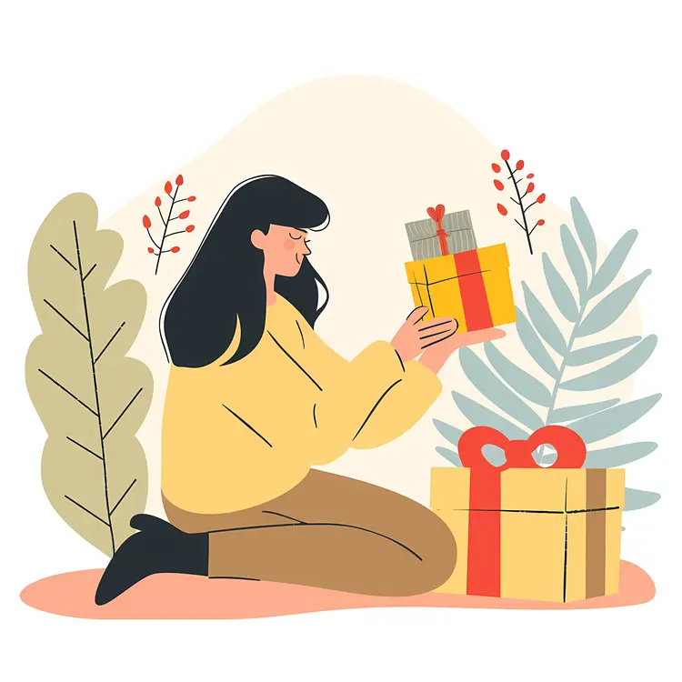 Woman Sitting with Gift Boxes and Plants