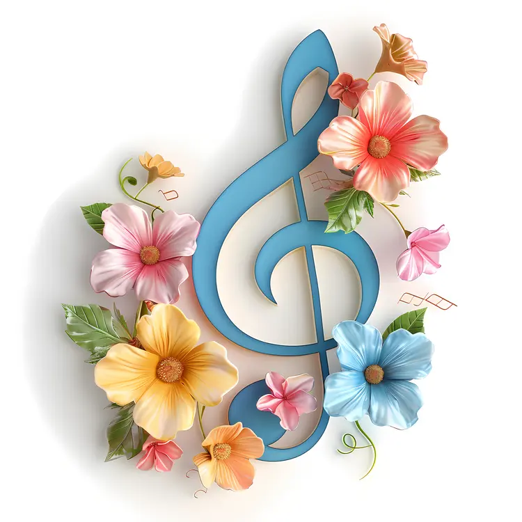 Blue Treble Clef with Colorful Flowers