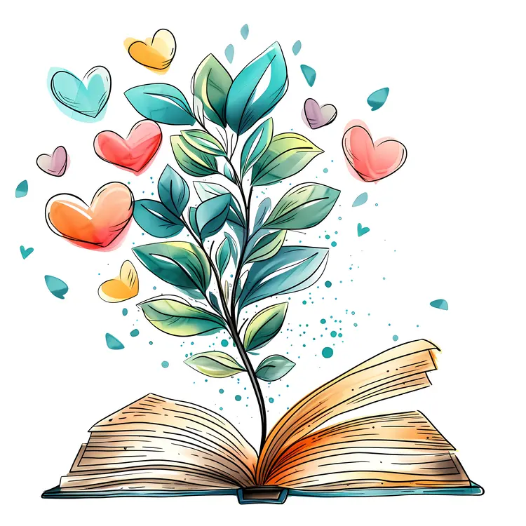 Open Book with Plant and Hearts