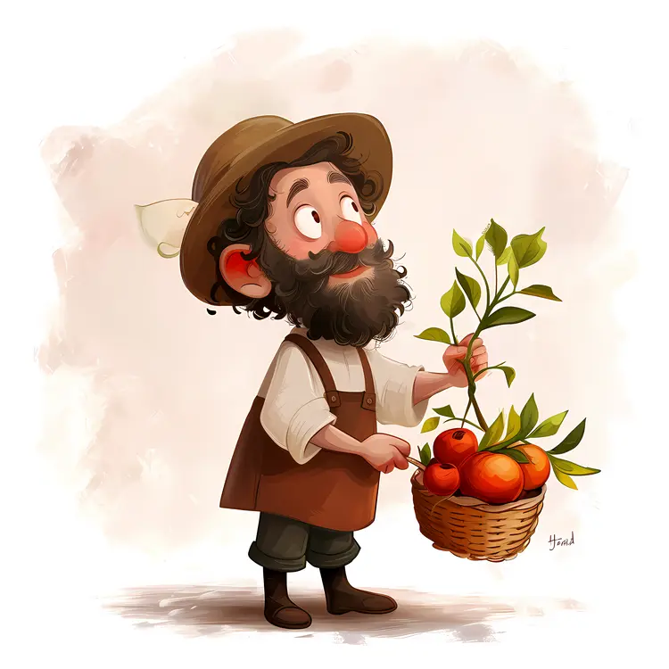 Cartoon Man with Basket of Apples