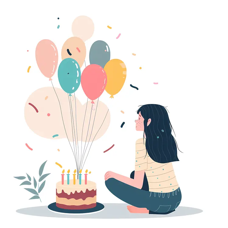 Girl Sitting with Birthday Cake and Balloons