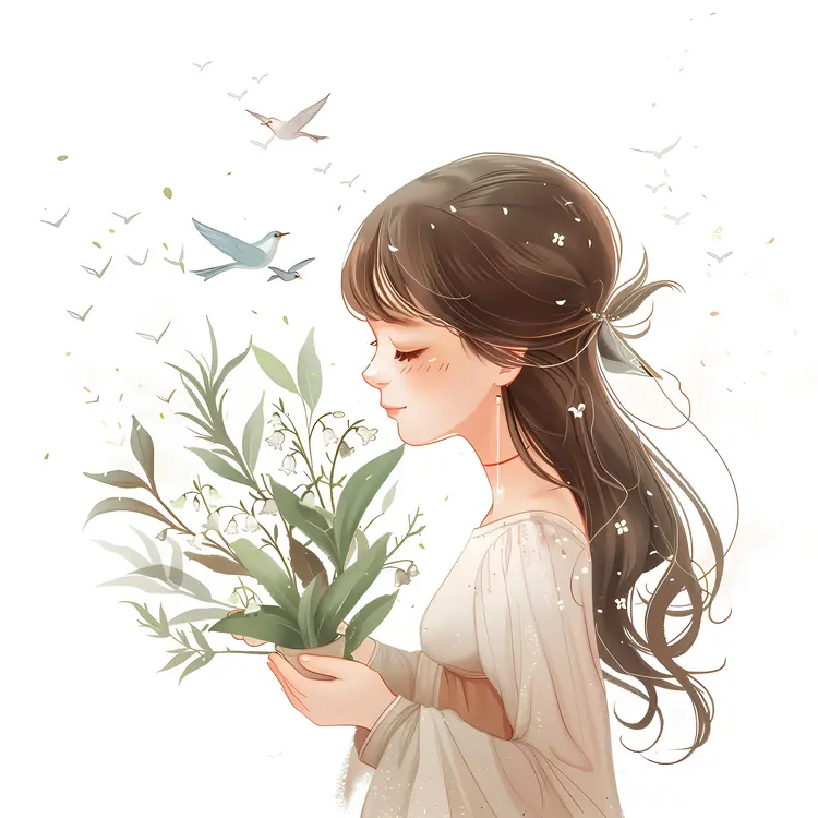 Girl Holding Flowers with Birds