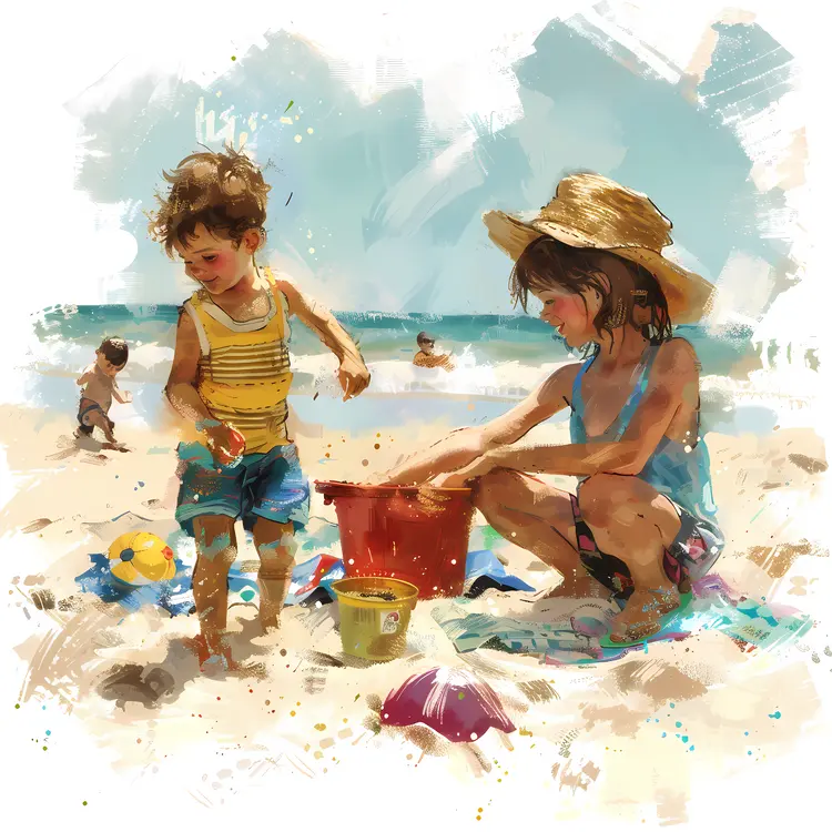 Kids Building Sandcastle at Beach Painting