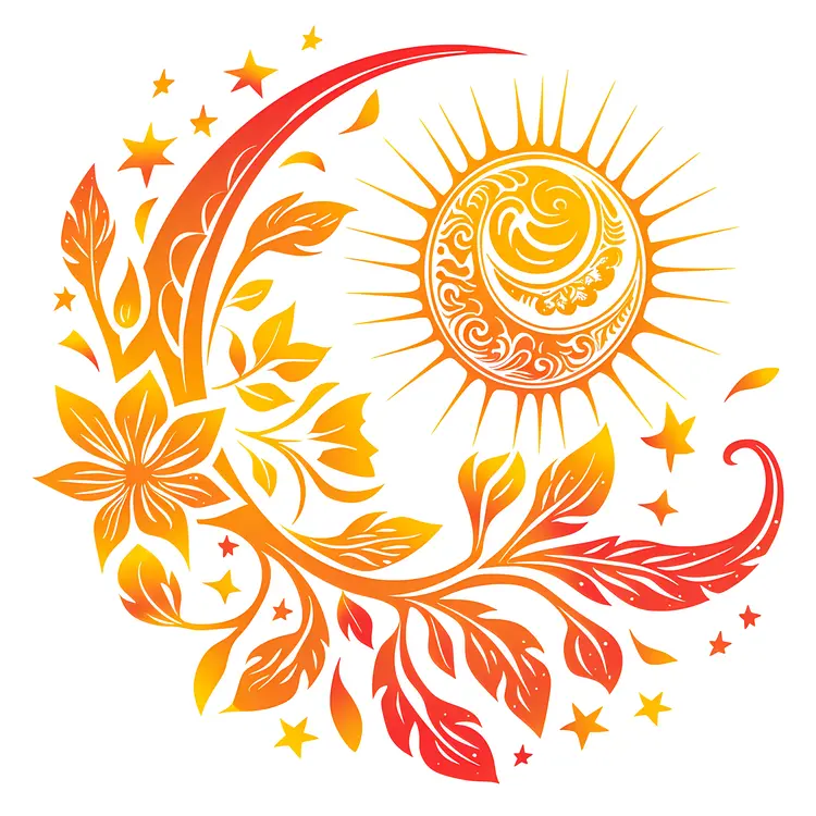 Abstract Sun and Moon with Stars and Floral Design
