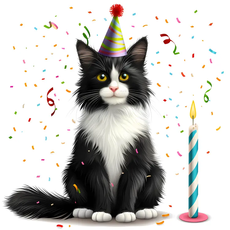 Cute Cat with Party Hat and Candle