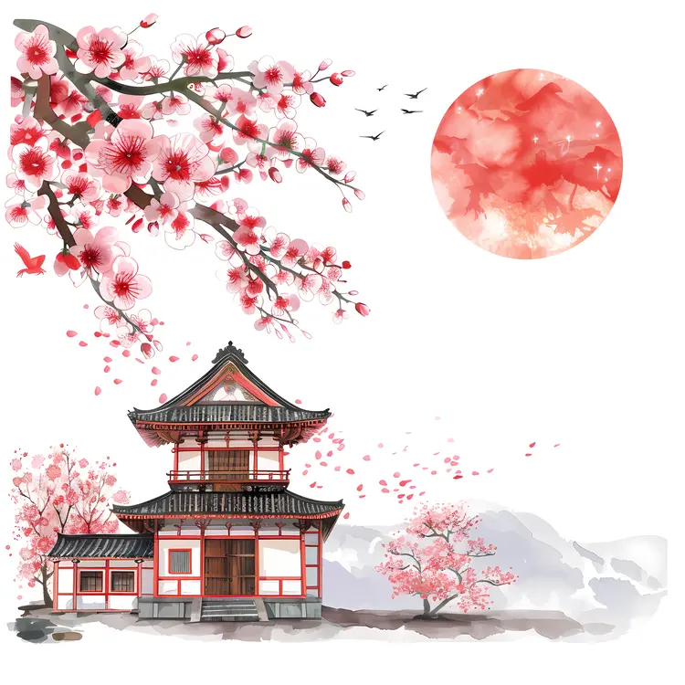 Japanese Pagoda with Cherry Blossoms and Red Sun