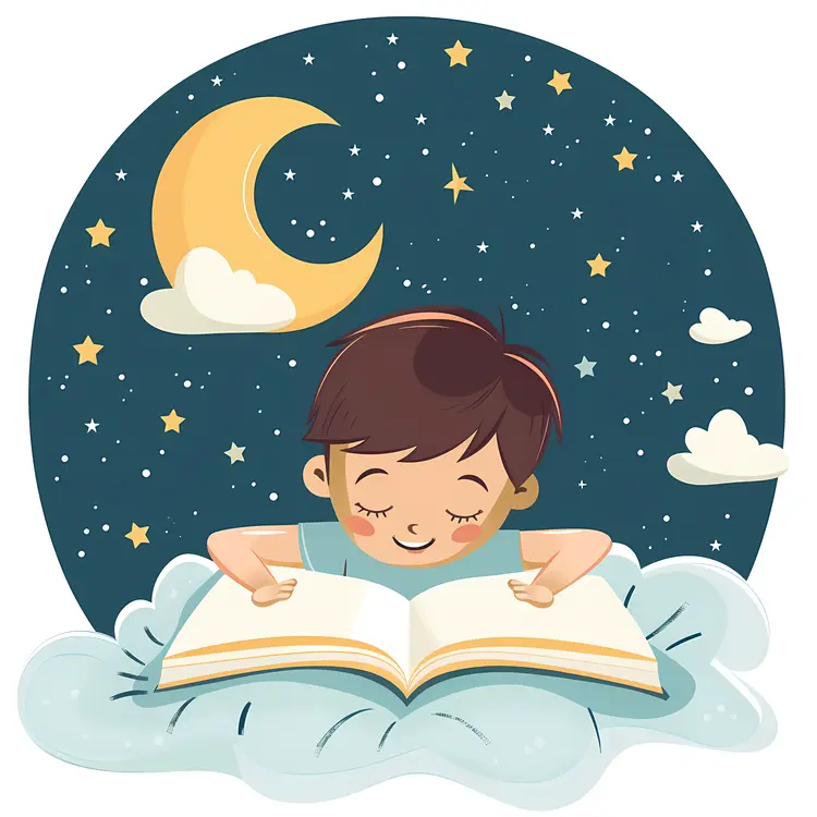 Child Reading Book Under Night Sky