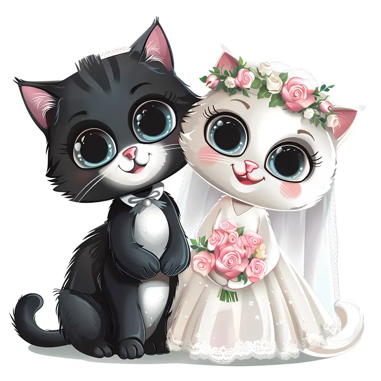 Cute Cats in Wedding Dress and Tuxedo